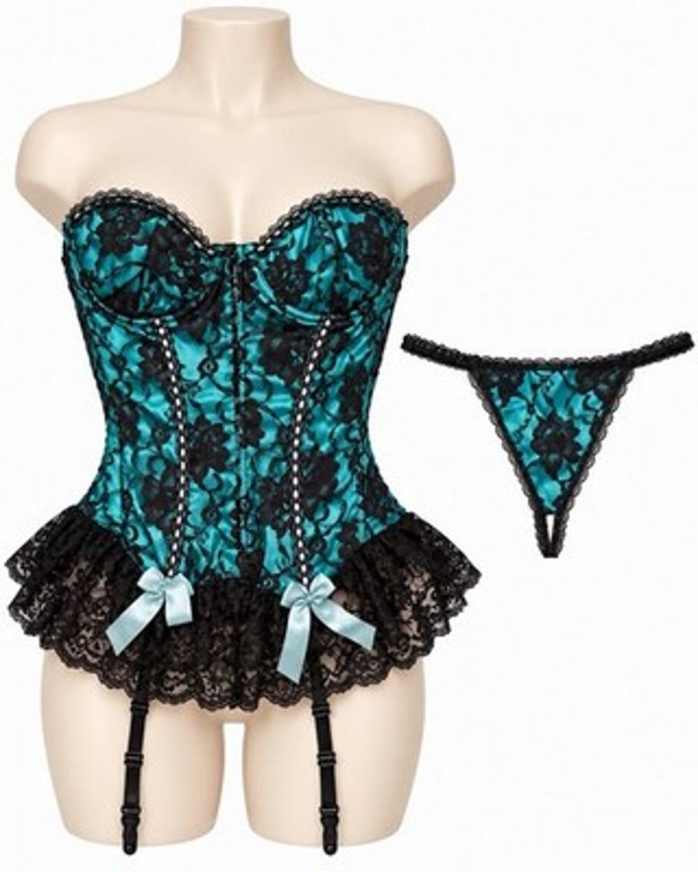 Y2K Frederick's of Hollywood Teal Black Lace Corset Bustier Thong Set 34 NWOT